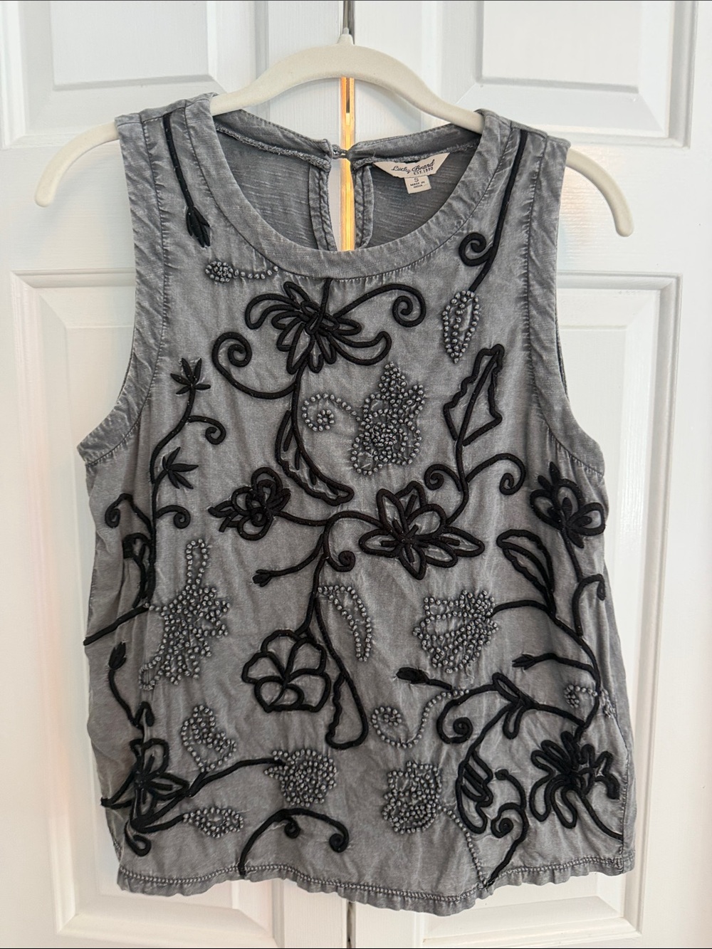 Lucky Brand Gray Tank with Black Floral Appliqué